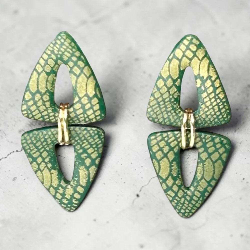 Polymer Clay Lg Dangle Earrings Green Gold Snake Animal Print Handmade SS Posts